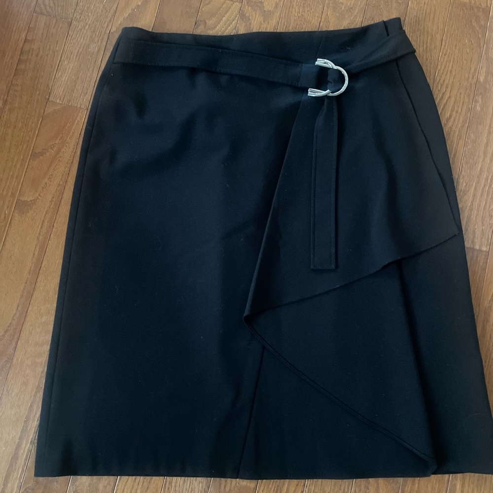 Calvin Klein Black Cascade Ruffle Knee Skirt ~ Silver Logo Buckle ~ 8